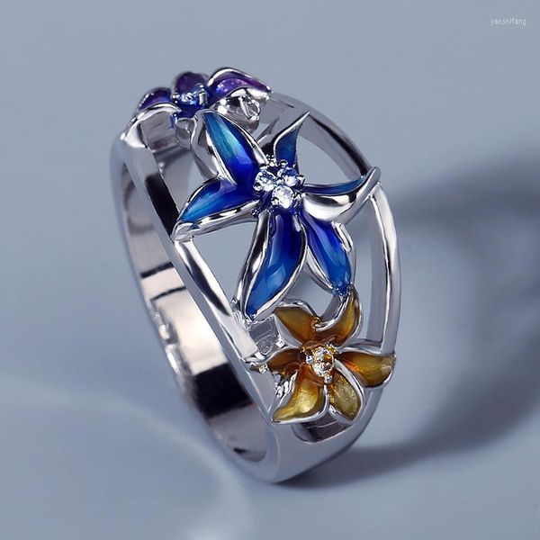 Anillos de racimo 925 Plata exquisita damas circón joyería anillo hecho a mano esmalte epoxi violeta flor Color cóctel fiesta