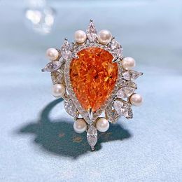 Bagues de cluster 925 Argent Importé Diamant à haute teneur en carbone Sunset Orange 11 15mm Goutte d'eau Bague de perle incrustée