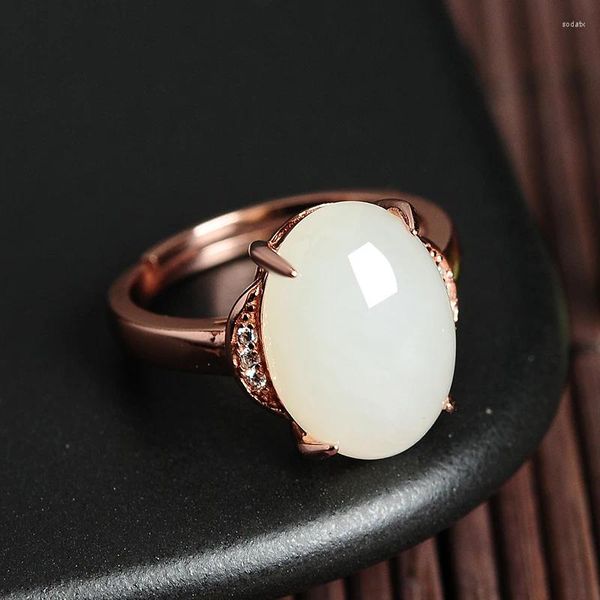 Cluster anneaux 925 argent incrusté de jade naturel blanc grand ring de face d'oeuf authentique et bijoux de main atmosphérique de haute qualité tianyu ri