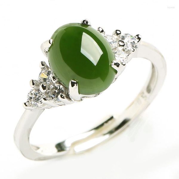 Anillos de racimo Incrustaciones de plata 925 y certificado de cinturón retráctil de jade verde espinaca natural y anillo Tianyu
