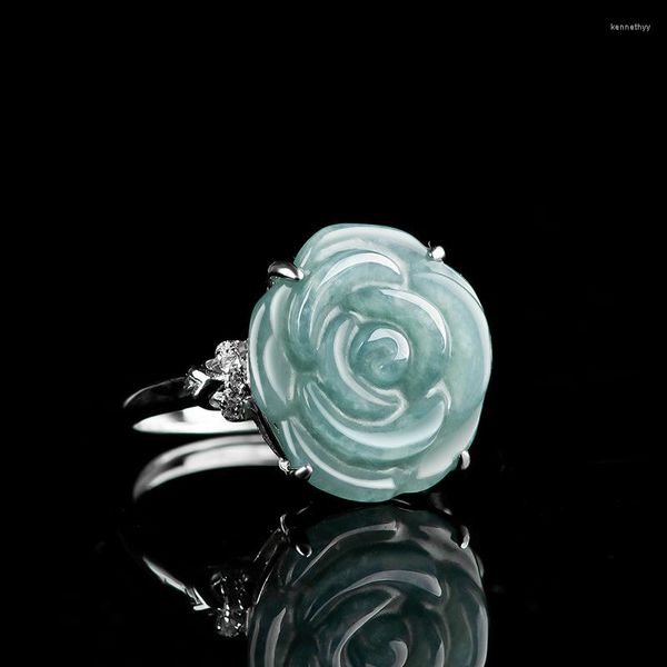 Anillos de racimo 925 Incrustaciones de plata Jade birmano Anillo de flor ajustable Esmeralda Rosa Verde natural Accesorios originales Joyería de mujer personalizada