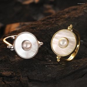 Clusterringen 925 zilveren sieraden witte schaal roterende zoetwater parel damesring verstelbaar
