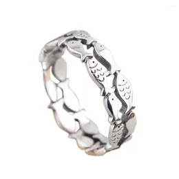 Cluster Anneaux 925 Lovers en argent Anneau archaïsé Hommes artisanaux et femmes Hollow-out Double Row Thai Bright Small Fish