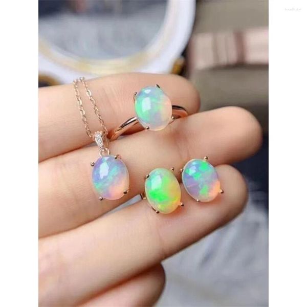 Bagues de cluster 925 Silver Natural Opal Bague Pendentif Boucles d'oreilles Ensemble Bijoux Cadeau Certificat de transport Support Test