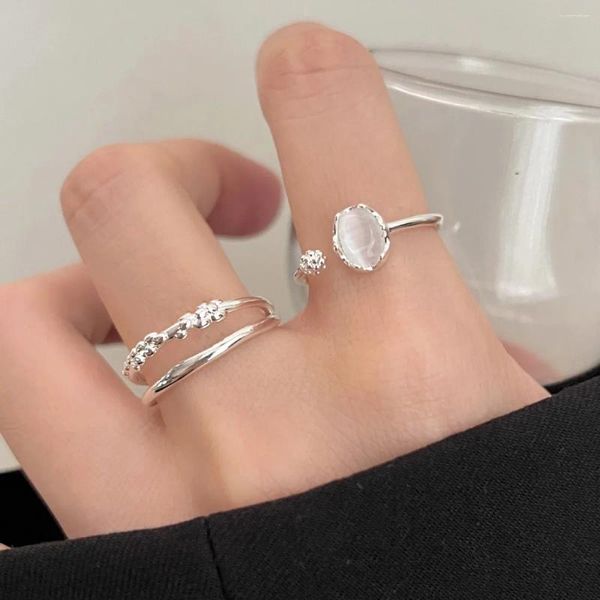 Bagues de cluster 925 Silver Open Finger Bague Lune Pierre Élégant Perlé Fleur Empilable Simple Pour Femmes Fille Bijoux Cadeau Dropship En Gros