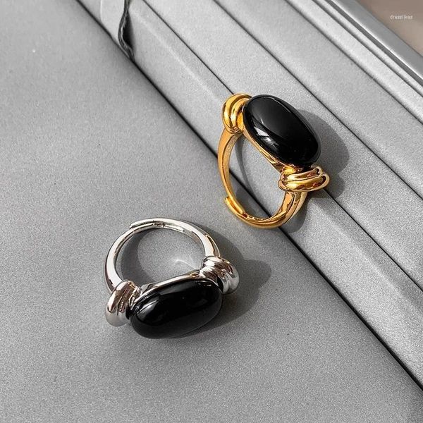 Bagues de cluster 925 Silver Open Finger Bague Punk Ovale Noir Golden Épais Géométrique Empilable Pour Femmes Fille Bijoux Cadeau Dropship En Gros