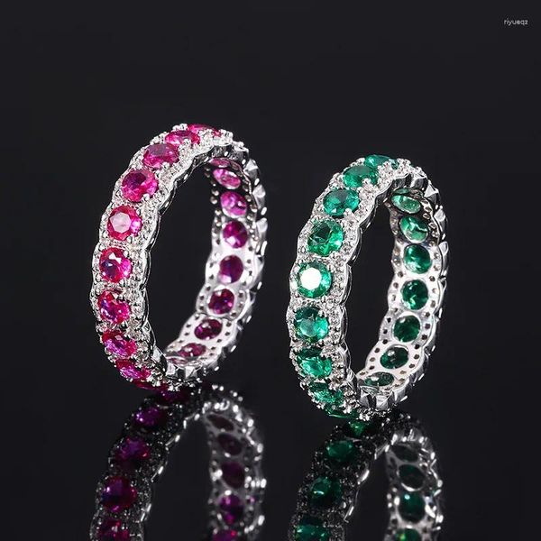 Cluster anneaux 925 Anneau de diamant de laboratoire rose et vert argenté pour femmes