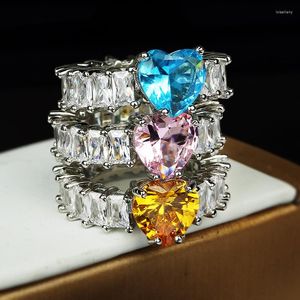 Cluster Ringen 925 Verzilverd Voor Vrouwen Prinses Voorstel Huwelijk Roze Blauw Geel Hart Zirconia Ring Romantische Bruiloft Bijoux