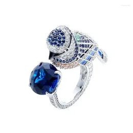 Clusterringen 925 verzilverde gouden ring High Carbon Diamond Royal Blue/Baojia Animal Series/Papegaai Vogel en Sparrow Blue Treasure