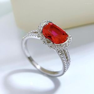 Anillos de racimo 925 plata rojo zafiro azul tesoro 7 9 anillo ovalado para mujer lujo Micro incrustaciones transfronterizas joyería de generación de cabello