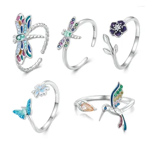 Bagues en grappe Bague en argent 925 Bracelet Printemps Goutte d'huile colorée Libellule Ouvert Exquis Pastorale Index Doigt Fleur Papillon Cadeau