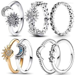 Clusterringen 925 Silver Ring Celestial Sparkling Moon Sun Originele Pandor S925 Finger Diy Dames Fijne sieraden