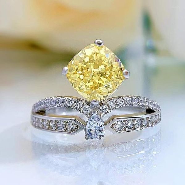 Bagues en grappe Bague en argent 925 incrustée de gros carrés 8 bijoux pour femmes à haute teneur en carbone jaune diamant rose