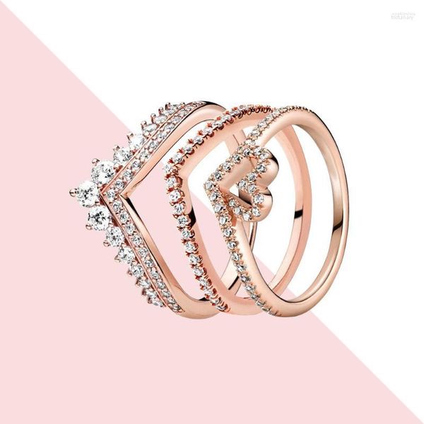 Anillos de racimo 925 plata oro rosa princesa Wishbone corazón de amor brillante para mujeres regalos apilamiento joyería de fiesta de compromiso