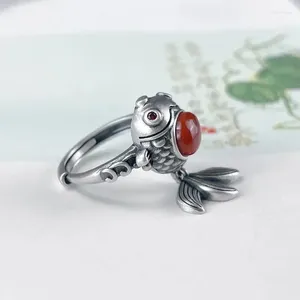 Cluster anneaux 925 artisanat stéréoscopique artisanat koi poisson mignon pour les femmes chinois rouges rouges tourmaline rinceau rétro simple bijoux