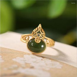 Clusterringen 925 Zilveren vintage etnische stijl vergulde verstelbare ring ingelegd ingelegde geïmiteerde kan Jade Emerald Creative For Women Sieraden Gift