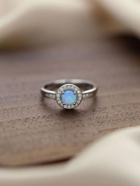 Anillos de racimo 925 Anillo de plata para mujer con incrustaciones de ópalo ovalado azul y pequeño circón brillante Estilo romántico dulce para la cena