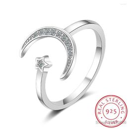 Clusterringen 925 Solid Real Sterling Silver Fine Jewelry Moon Star CZ Cocktail Opening Ring Sizable For Women Girl Gift DA27