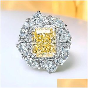 Clusterringen 925 Sterling Sier Ring met kunstmatige gele diamant Set Elegant en veelzijdig Dames Verlovingssieraden Drop Delivery Dhbwn