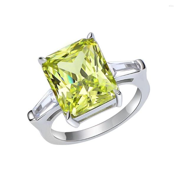 Anillos de racimo Plata de ley 925 10.5CT Corte radiante Verde manzana 10 12 mm Anillo de compromiso de boda con piedras preciosas de diamante de alto carbono para mujer