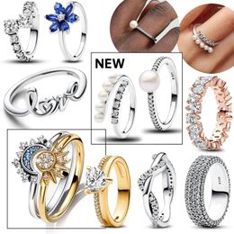 Clusterringen 925 Sterling Silver 14K Gold Moon en Star Ring Set Diamond Heart For Women Fine Jewelry Party cadeau