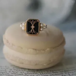 Bagues de cluster 925 Sterling Silver 18K Plaqué Or 2024 Noir Naturel Perle Agate Zircon Bague Carrée Géométrique Mode Bijoux De Luxe