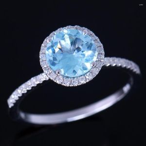 Bagues de cluster 925 Sterling Silver 6.5mm Coupe ronde 1.44ct Blue Topaz Pave Diamants naturels Fiançailles Mariage Gemstone Bijoux Bague en gros