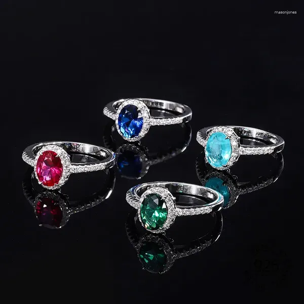 Bagues de cluster 925 Sterling Argent 6x8mm Ovale Saphir Rubis Émeraude Ciel Bleu Zircone Cubique Mariage Bague De Mariée Pour Les Femmes