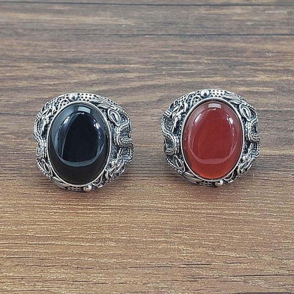 Bagues de Grappe Argent Sterling 925 Réglable Pour Homme Avec Pierres Naturel Noir/Rouge Onyx Dragon Gravé Rétro Vintage Thai Anneau