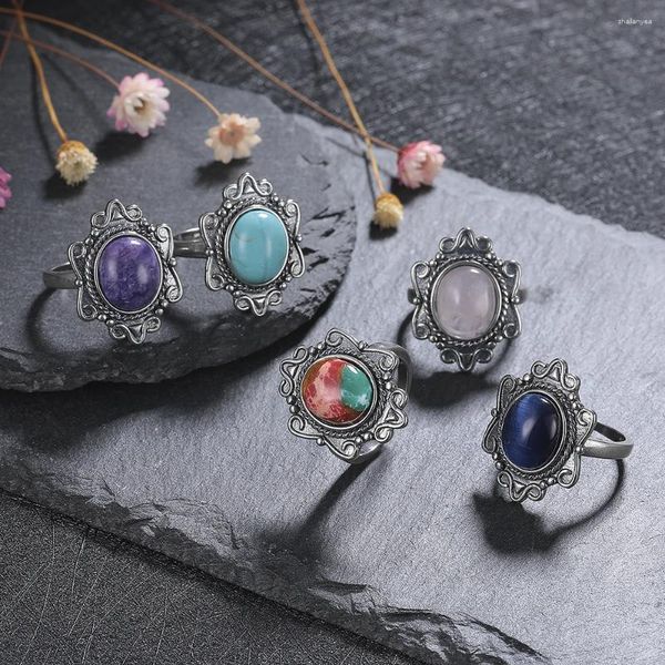 Anillos de racimo 925 plata esterlina grande ovalado piedra lunar natural turquesa lapis ojo de tigre para hombres mujeres regalos joyería de moda