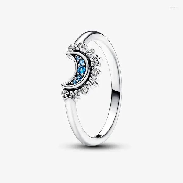 Bagues de cluster 925 Sterling Silver Céleste Bleu Sparkling Moon Bague pour femmes Cadeau de mariage Original Bijoux Accessoires