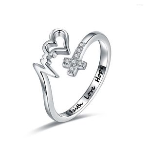Anillos de racimo 925 Cruz de plata esterlina Faith Hope Love Ring Ajustable Inspirational Wrap Jewelry Brithday Regalos de Navidad para mujeres adolescentes