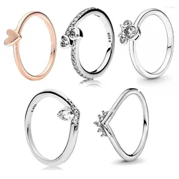 Clusterringen 925 Sterling Silver Cubic Zirconia Rose Gold Tiara Wishbone Two Sparkling Hearts Ring Mouse Head for Women Jubileum Gift