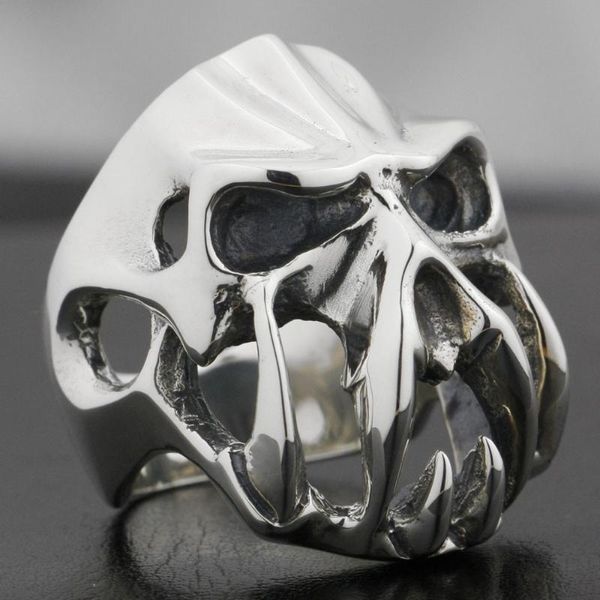 Cluster Rings 925 Sterling Silver Devil Alien Skull Tiger Tooth Mens Biker Ring 8V004 Taille US 7-15