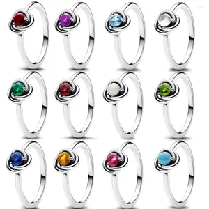 Clusterringen 925 Sterling Silver Diamond Ring 12 Kleur Geboortestone eeuwigheid Cirkel voor originele vrouwen Girls Sieraden Verjaardagscadeau