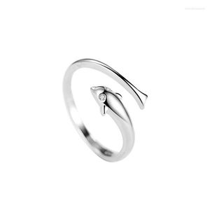 Clusterringen 925 Sterling Silver Dolphin Fish for Men Women Verstelbare Open Walvis Ring Betrokkenheid Bruiloft Meisjes Gift Sieraden