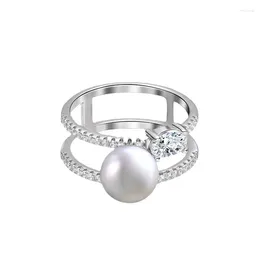 Clusterringen 925 Sterling Silver Double-Layer Micro Inlaid Ring Vrouw Pearl Niche Instagram Style European en American Cross-Border