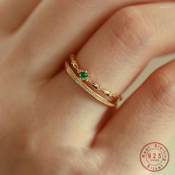 Anillos de racimo 925 plata esterlina doble circón verde anillo de corona vintage para mujeres niña tendencia cadena joyería regalo fiesta
