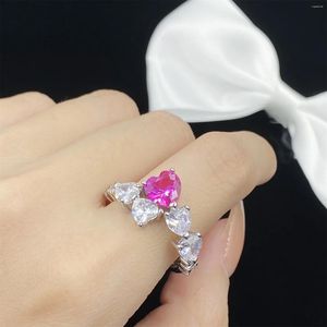 Clusterringen 925 sterling zilver Elegante vrouwelijke hartvorm Aanpasbare trouwringen Romantische roze vergulde kubieke zirkoonring Prom Party Gift