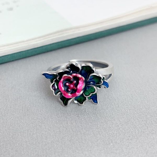 Anillos de racimo 925 plata esterlina esmalte flor de loto anillo de dedo para las mujeres estilo étnico vintage estéreo colorido ajustable joyería abierta