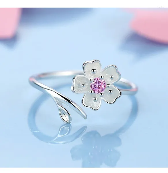 Anillos de racimo 925 Sterling Silver Esmalte Flor púrpura Anillo ajustable Zircon Apertura para mujeres Regalo de cumpleaños Joyería fina BSR394