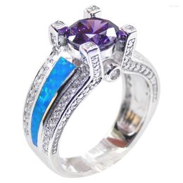 Bagues de cluster 925 Sterling Silver Fire Opal Ring Round Amethyst CZ Stones Femmes pour cadeau
