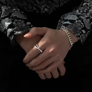 Bagues de cluster 925 Sterling Silver pour femmes filles simples creux croix ligne tendance bijoux de mode réglable antique anillos