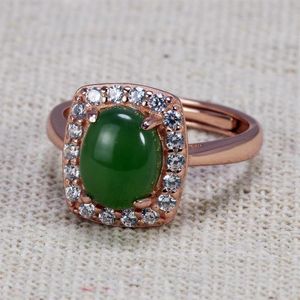 Anillos de racimo Plata de ley 925 para mujer Forma ovalada Chapado en oro rosa Jade verde natural Micro pavimentado Zircon Apertura envolvente Typ2091