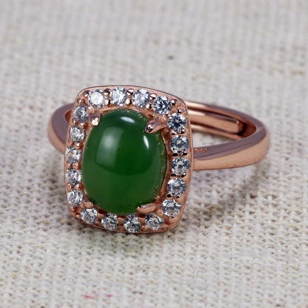 Anillos de racimo Plata de ley 925 para mujer Forma ovalada Chapado en oro rosa Jade verde natural Micro pavimentado Tipo de apertura envolvente de circón