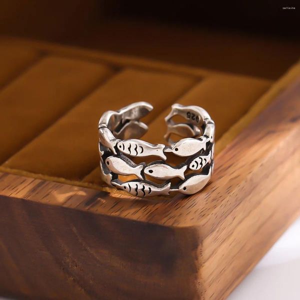 Cluster anneaux 925 argent sterling pour les femmes simples minimalistes rétro poisson ouvert anneau de mode groupe femelle bijoux cadeau