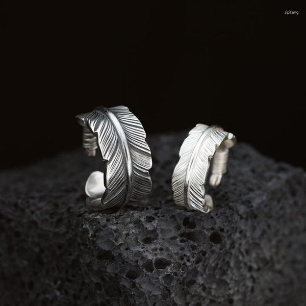 Anillos de racimo 925 plata esterlina geométrica única pluma negra para mujeres hombres pareja bohemia ajustable anillo abierto accesorios de fiesta