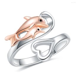 Clusterringen 925 Sterling zilveren hartgolf schattig dieren moeder dochter dolfijn ring zee oceaan geschenken moeders dag sieraden voor vrouwelijke moeder