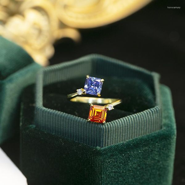 Bagues en grappe en argent sterling 925 incrusté de diamants orange et bleus double carré de pierres précieuses pour les femmes bijoux de luxe légers réglables