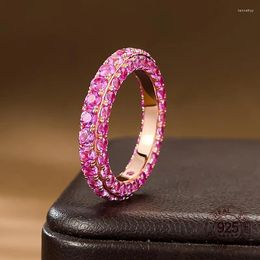 Clusterringen 925 Sterling Silver Jewelry Three-Side Mirco Paving Pink Proze Clear Cubic Zirkoon verlovingsvoorstel Ring